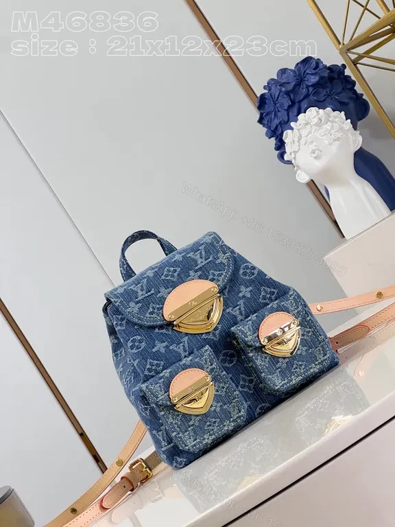 Blue Denim Monogram Backpack - Gold Hardware, Imitation LV Style — view 1