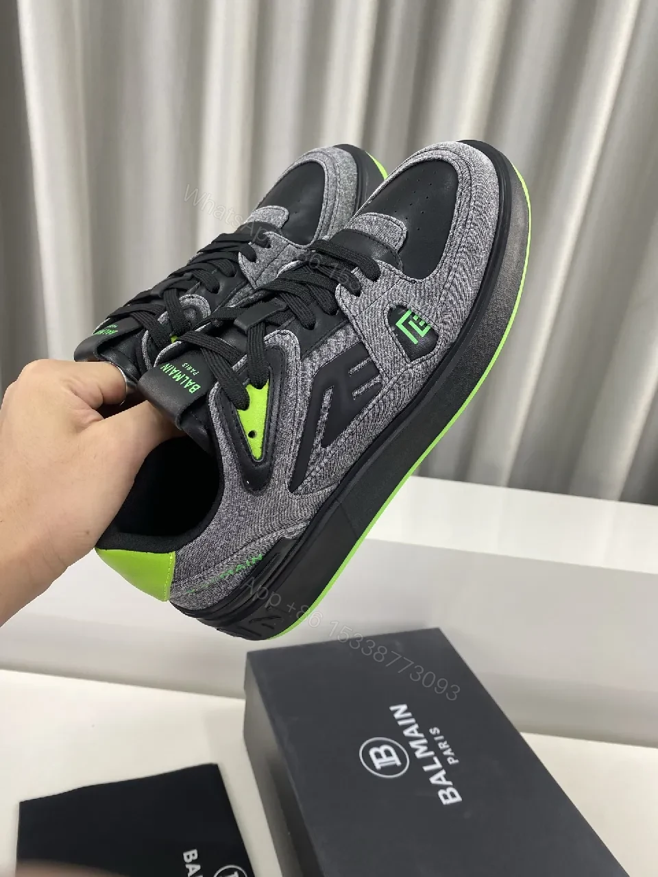 View 5 of Dynamic Gray Knit-Top Sneakers with Neon Accent Details