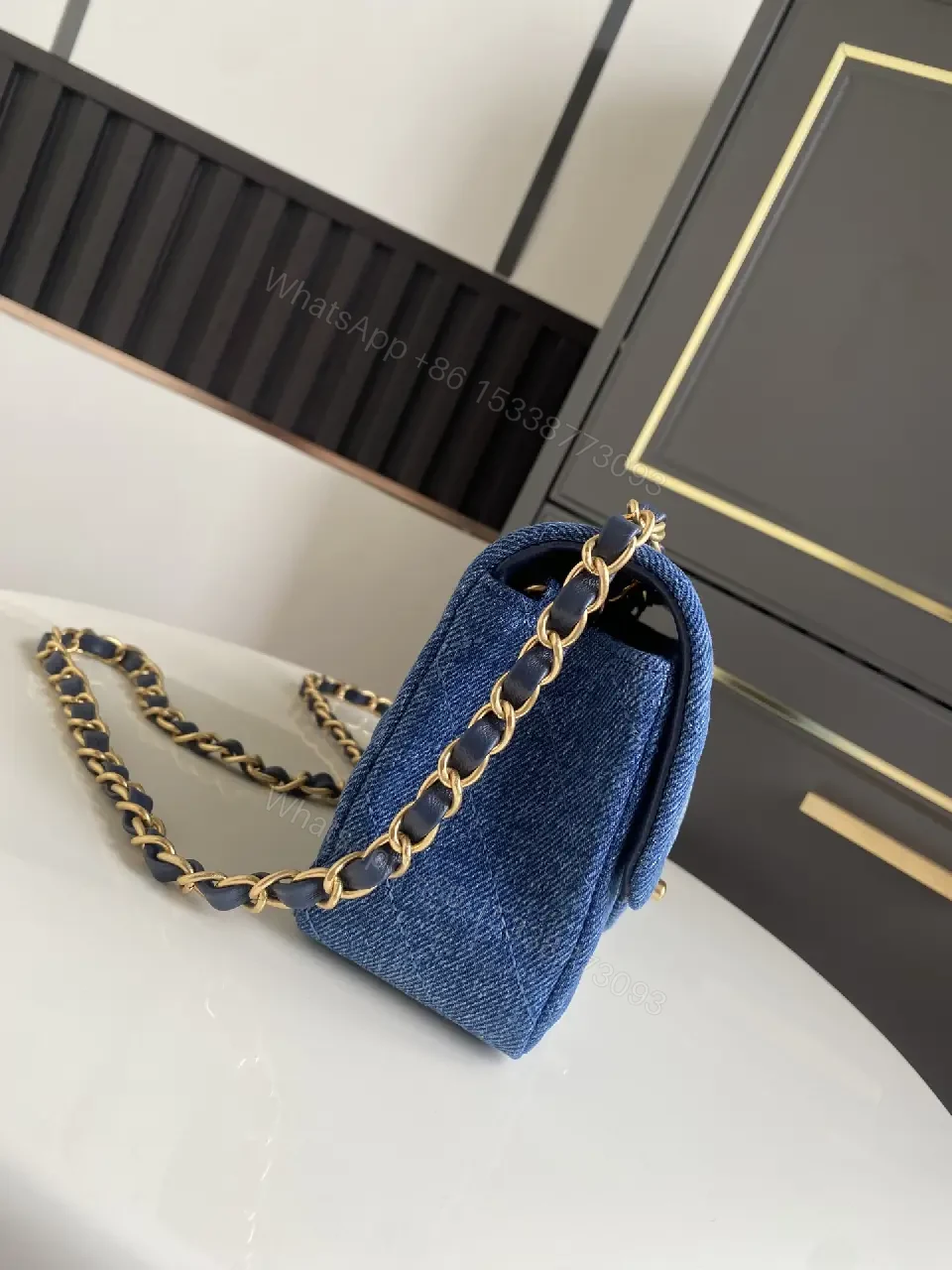 View 3 of Light Blue Denim Quilted Flap Bag with Gold CC Chain Strap