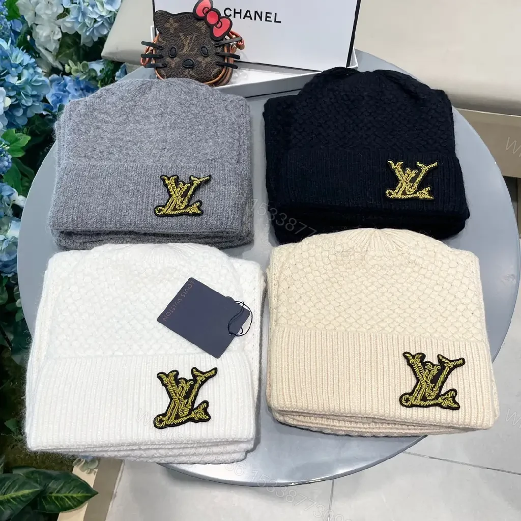 View 8 of Grey Knit Beanie & Scarf Set: Subtle LV-Inspired Luxury