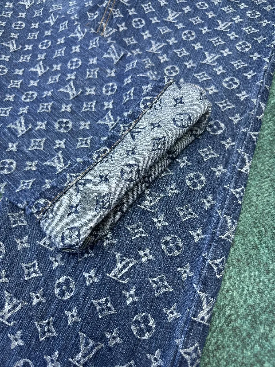 View 8 of Denim Monogram Wide-Leg Jeans — Signature Pattern, Luxe Casual