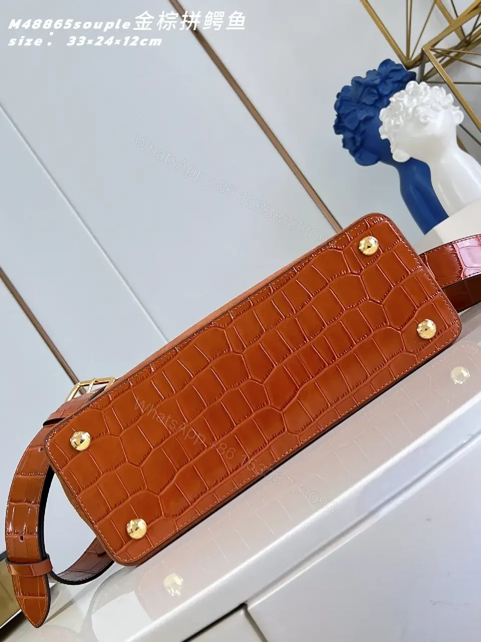 View 6 of Warm Tan Suede Shoulder Bag with Gold Hardware