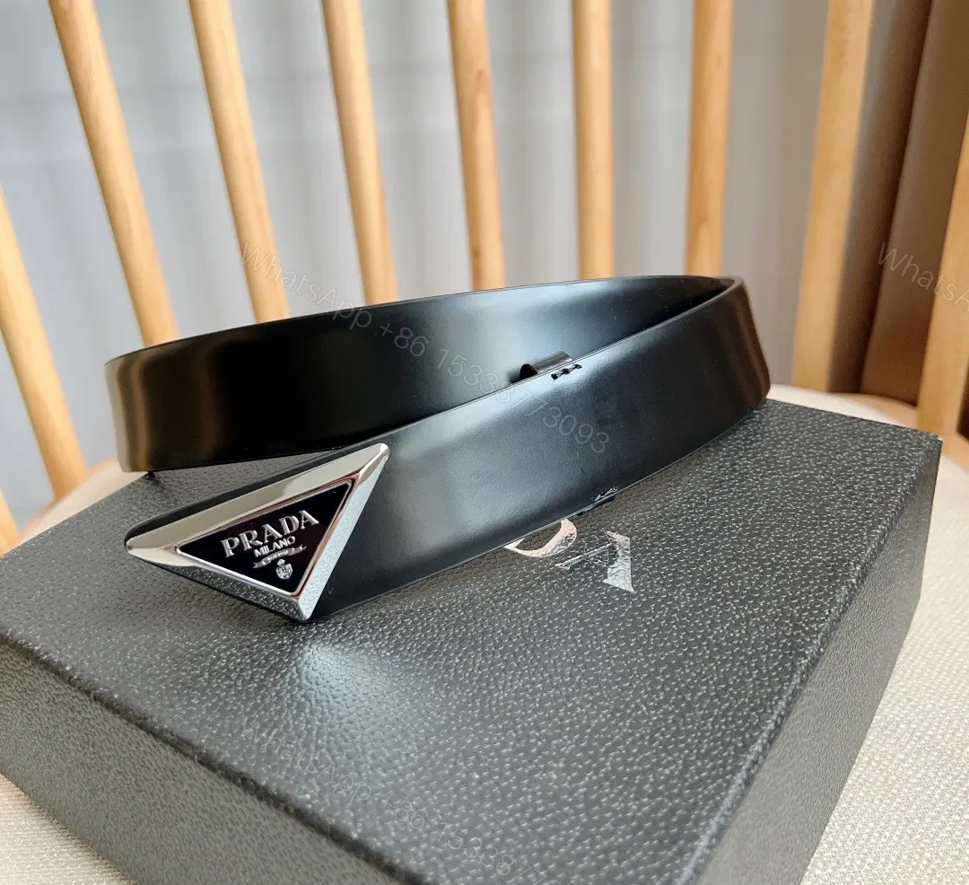View 4 of Sleek Black Bonded Leather Belt with Prada Triangle Plaque