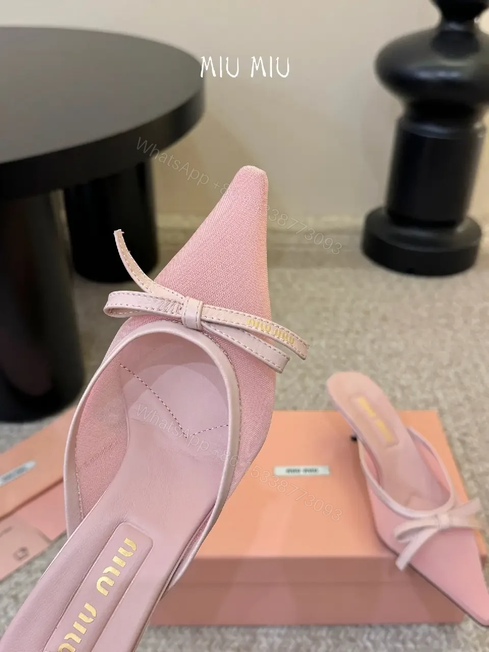View 4 of Blush Pink Pointed-Toe Mules, Luxe Textured Knit Heel