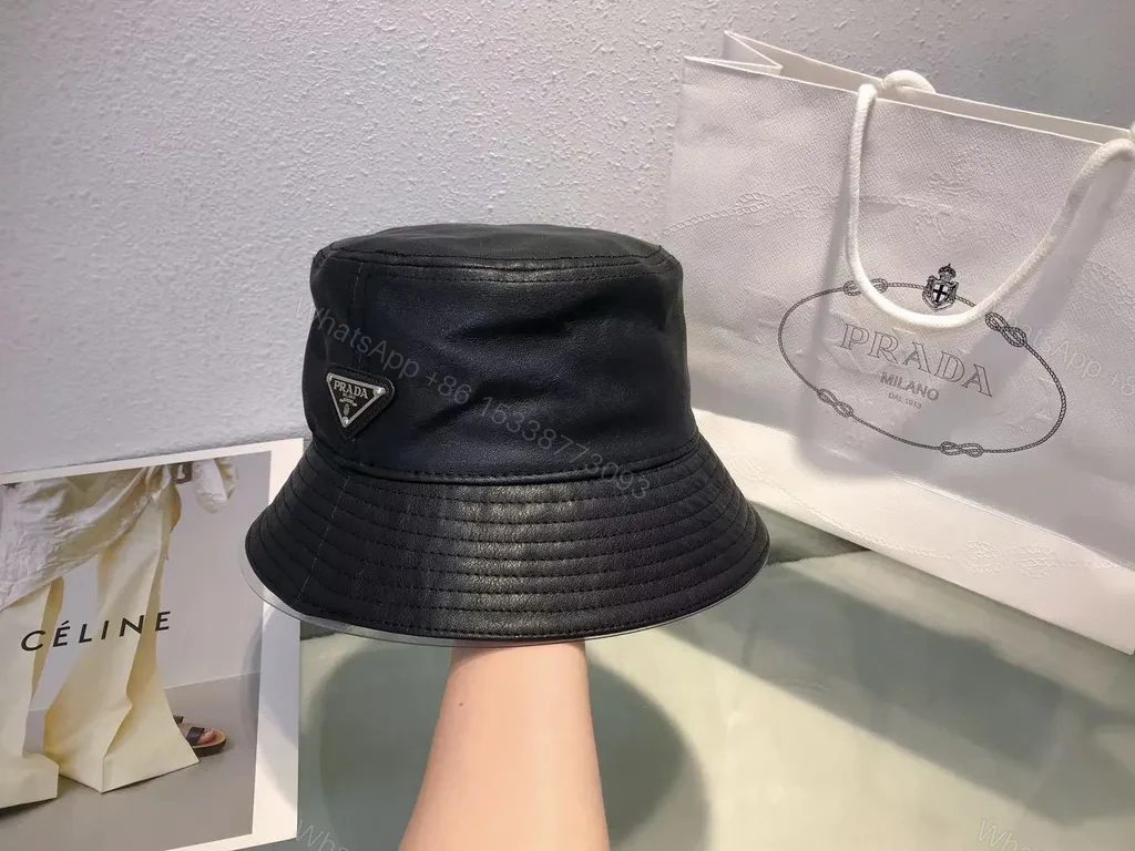 View 9 of Black Leather-Texture Bucket Hat with Prada-Inspired Logo