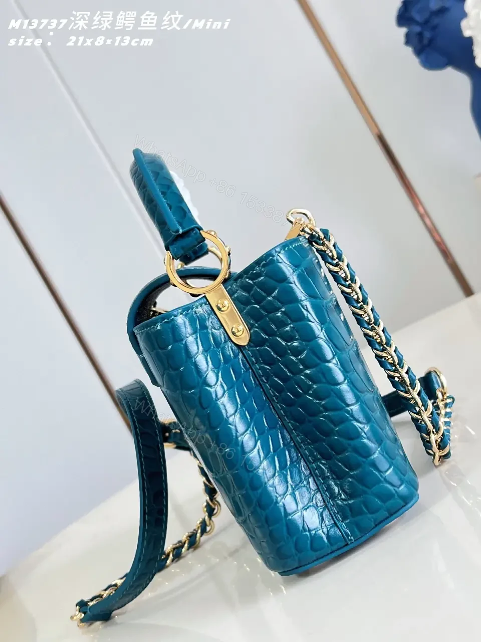 View 5 of Teal Crocodile-Texture Mini Bag with Gold Emblem