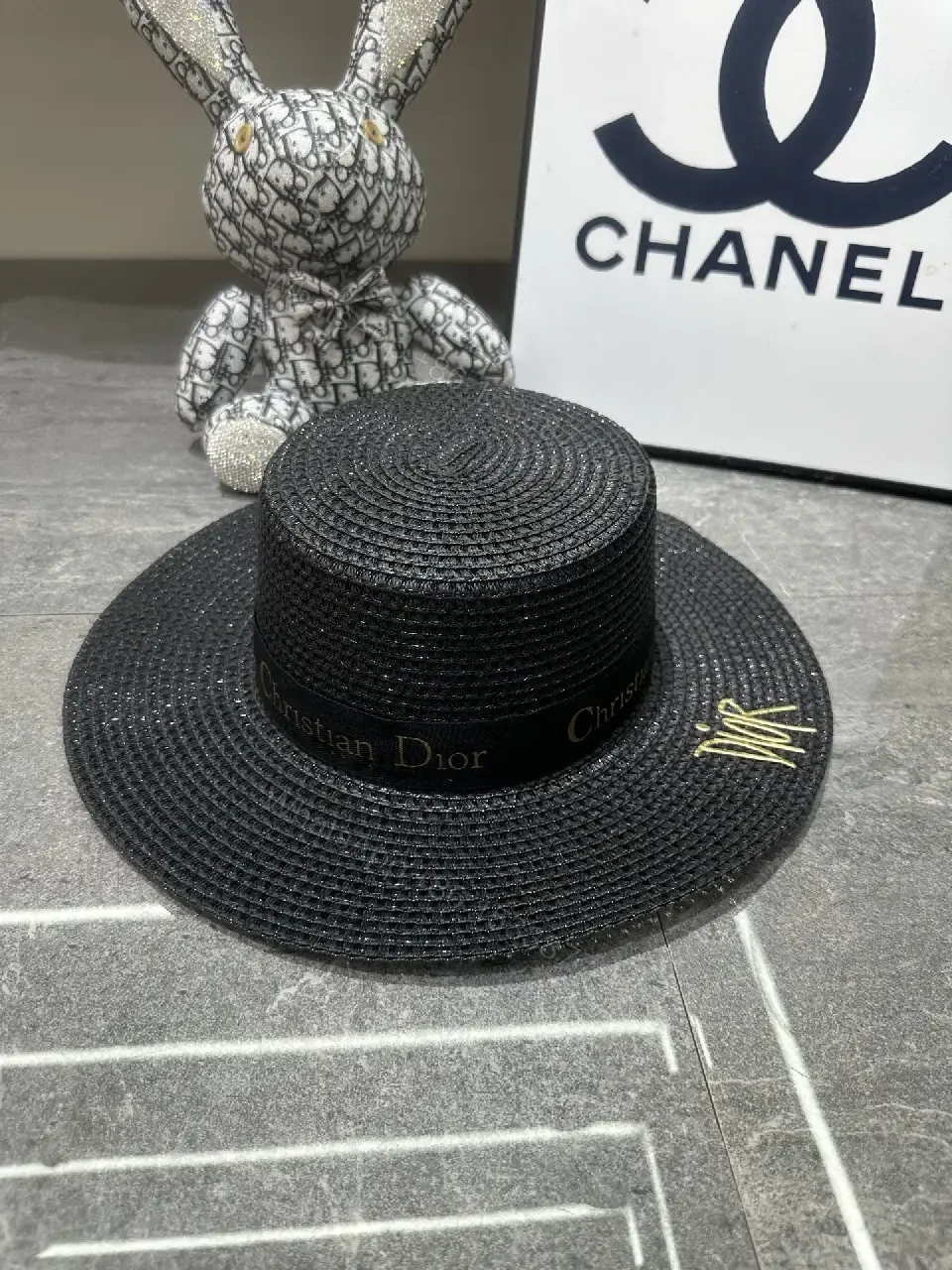 View 2 of Beige Straw Wide-Brim Hat with Dior Band (Emblem)