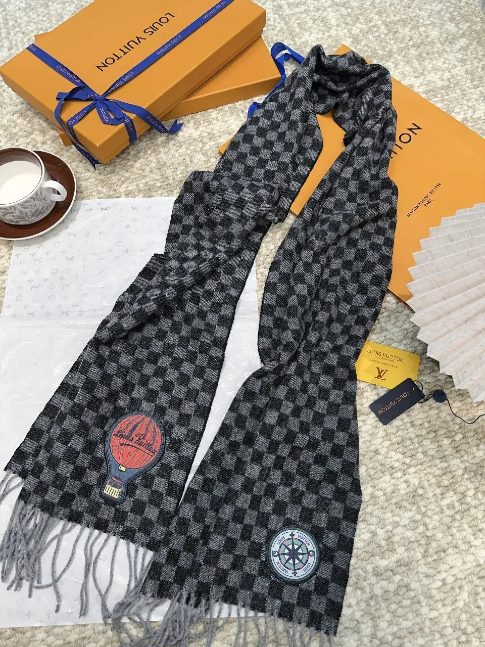 View 4 of Charcoal Charme Knit Scarf with Patch Fringe Detail