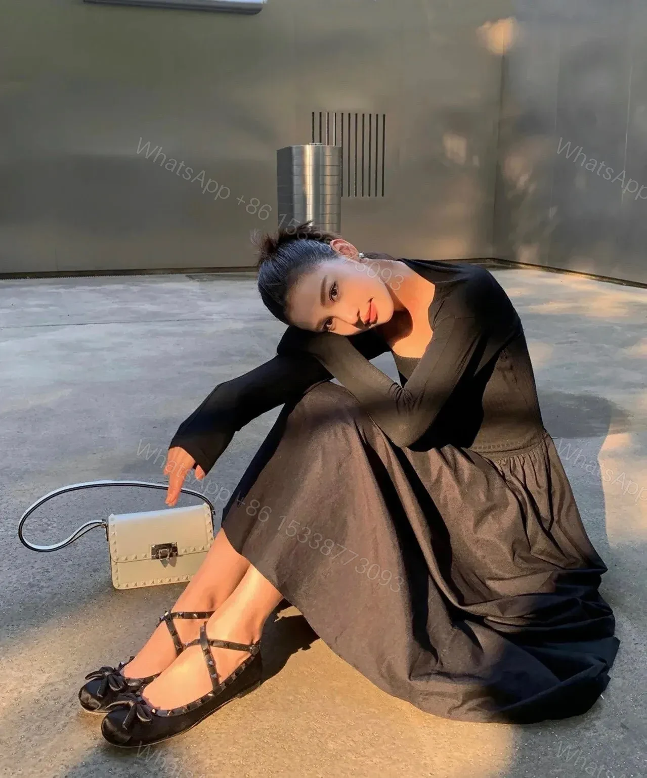 View 2 of Valentino Women Black Satin Studded Flats