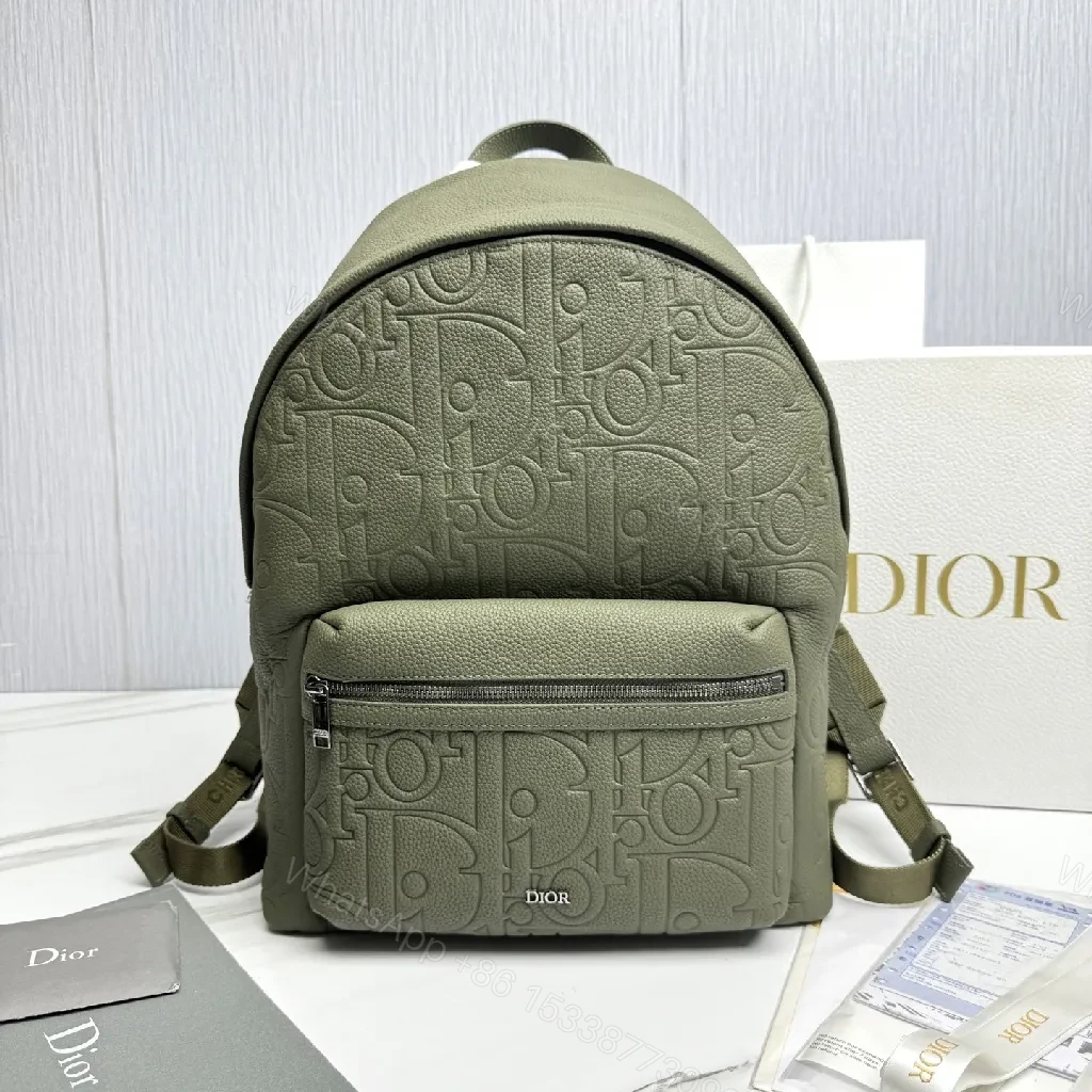 Olive Leather-Textured Compact Backpack with Dior-Inspired Pattern — view 1