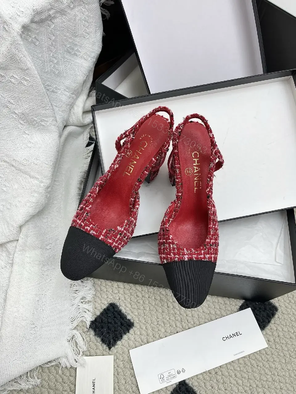 View 3 of Red & Black Tweed Slingback Heels with Luxury Details