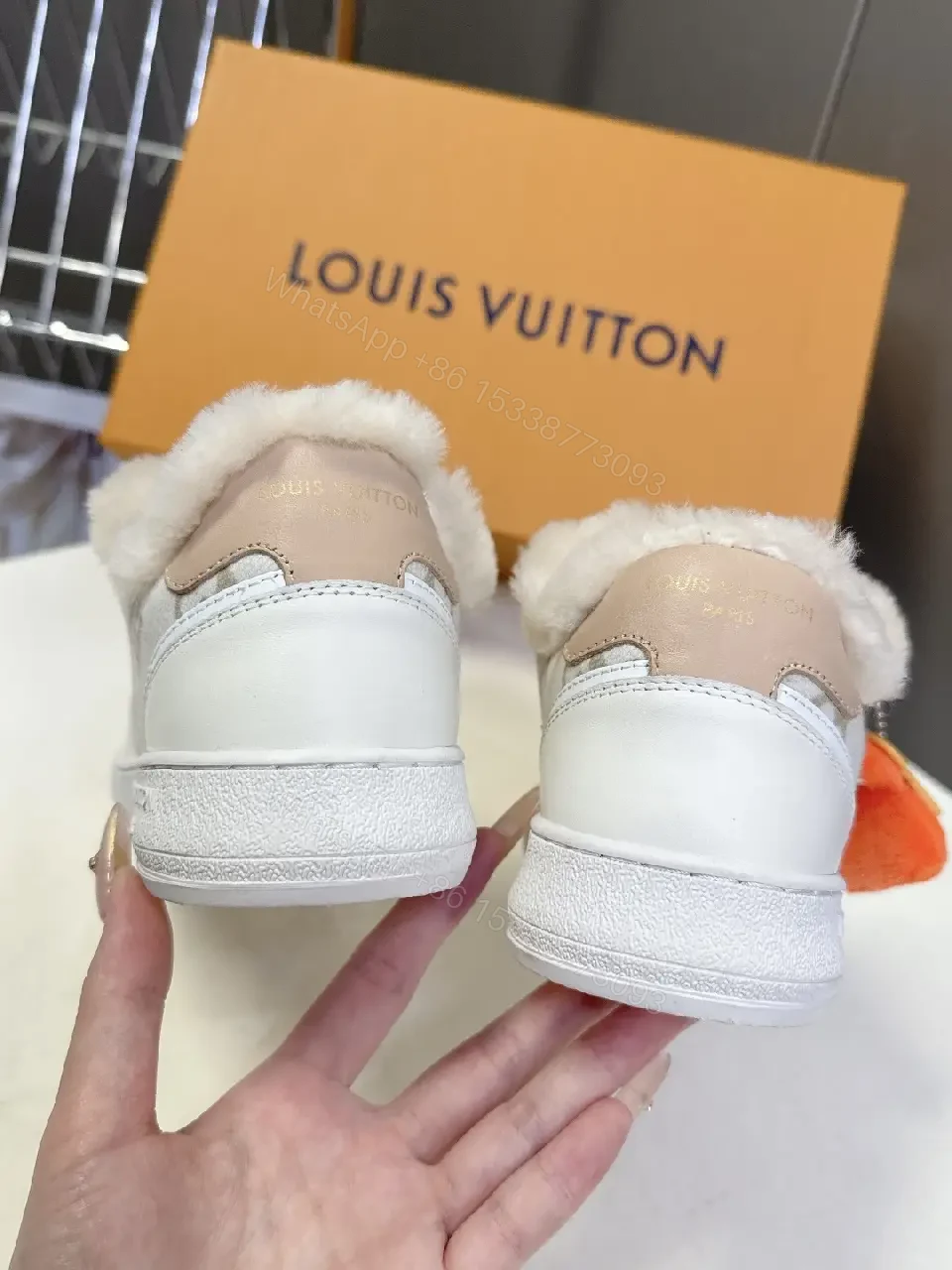 View 2 of White Leather Fur-Trim High-Top Sneakers + Plush Detail