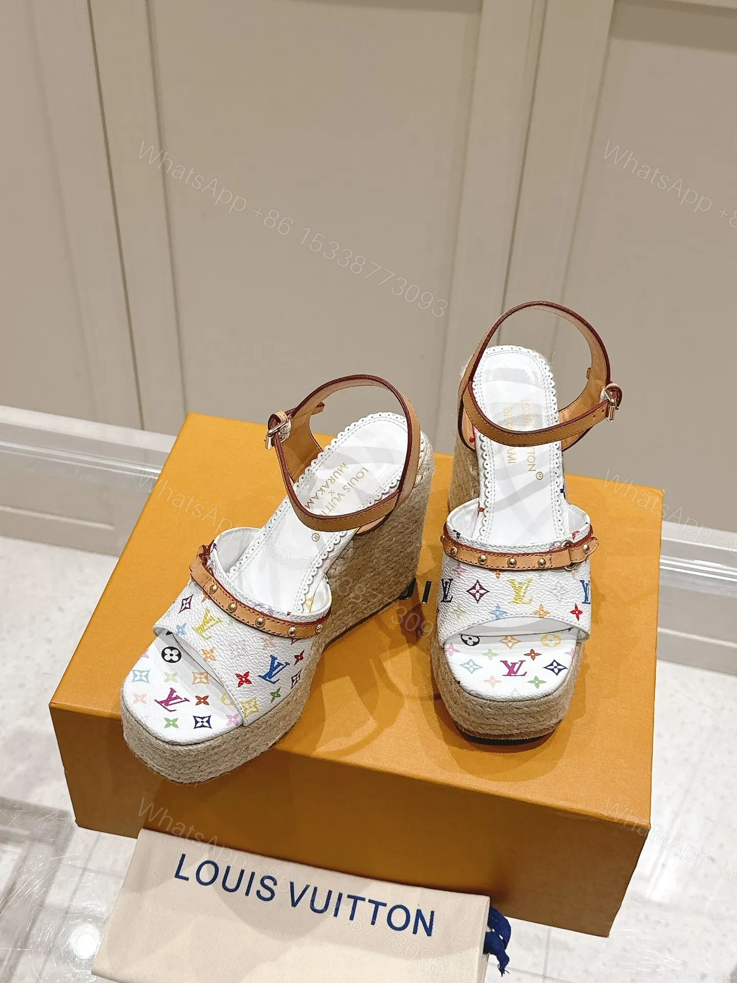 View 5 of LV Women White Leather Multicolor Print Wedge Sandals