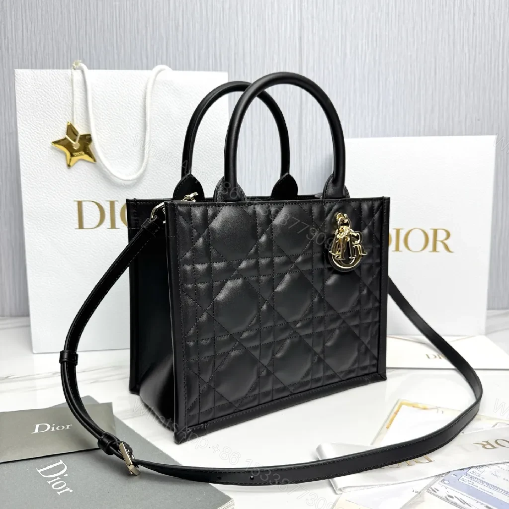 View 7 of Black Quilted Mini Tote - Leather, Gold Charm, Structured, Compact Carryall