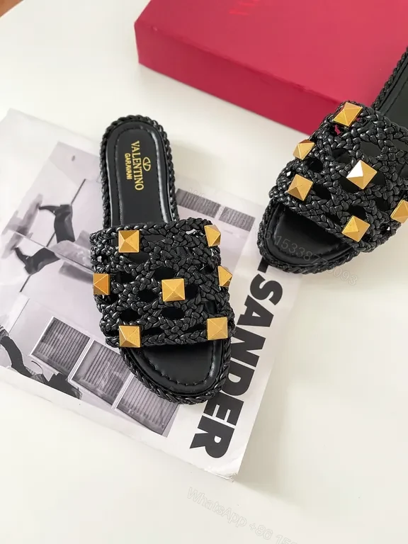 View 3 of Valentino Black Braided Slides with Gold Studs - Luxury Sandal