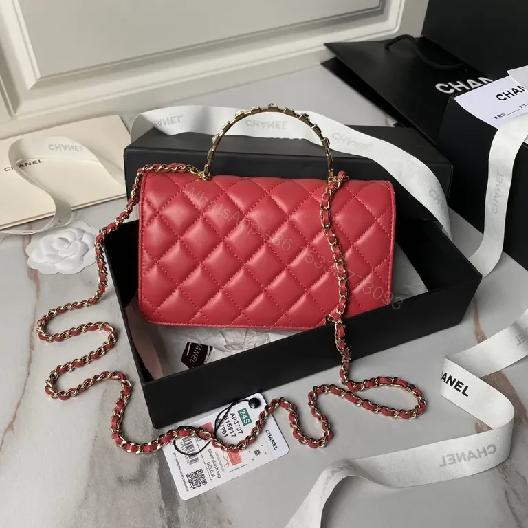 View 5 of Vibrant Quilted Red Shoulder Bag with Chain-Detail