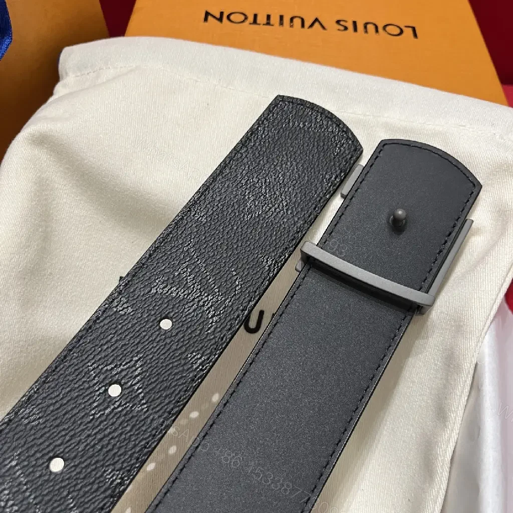 View 4 of Black Leather Belt Sleek Modern Pebbled Texture LV Buckle Belt