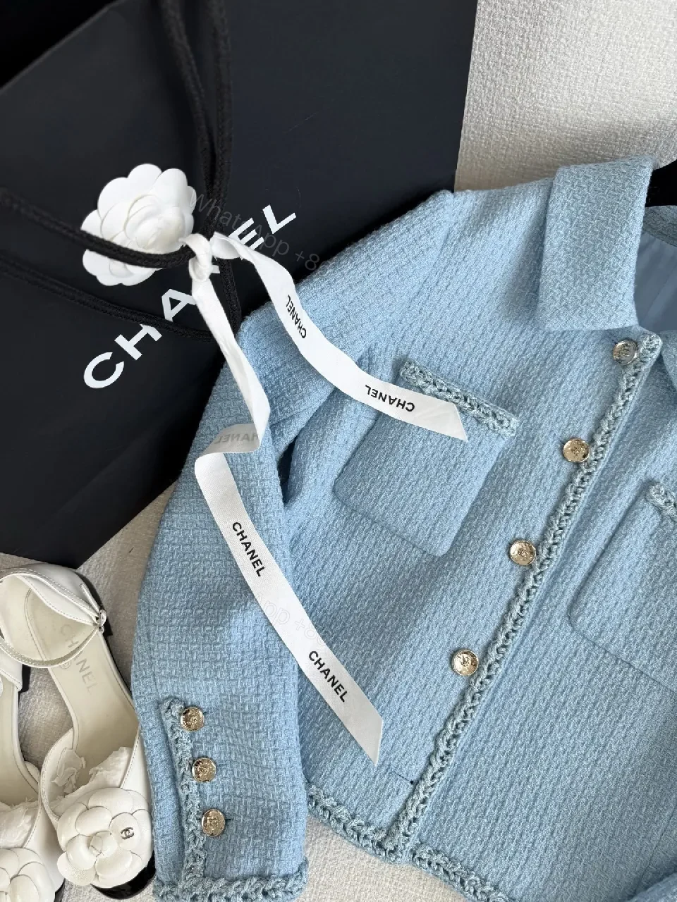 View 4 of Soft Blue Tweed Jacket with Fringe Detail, Light-Cropped Style