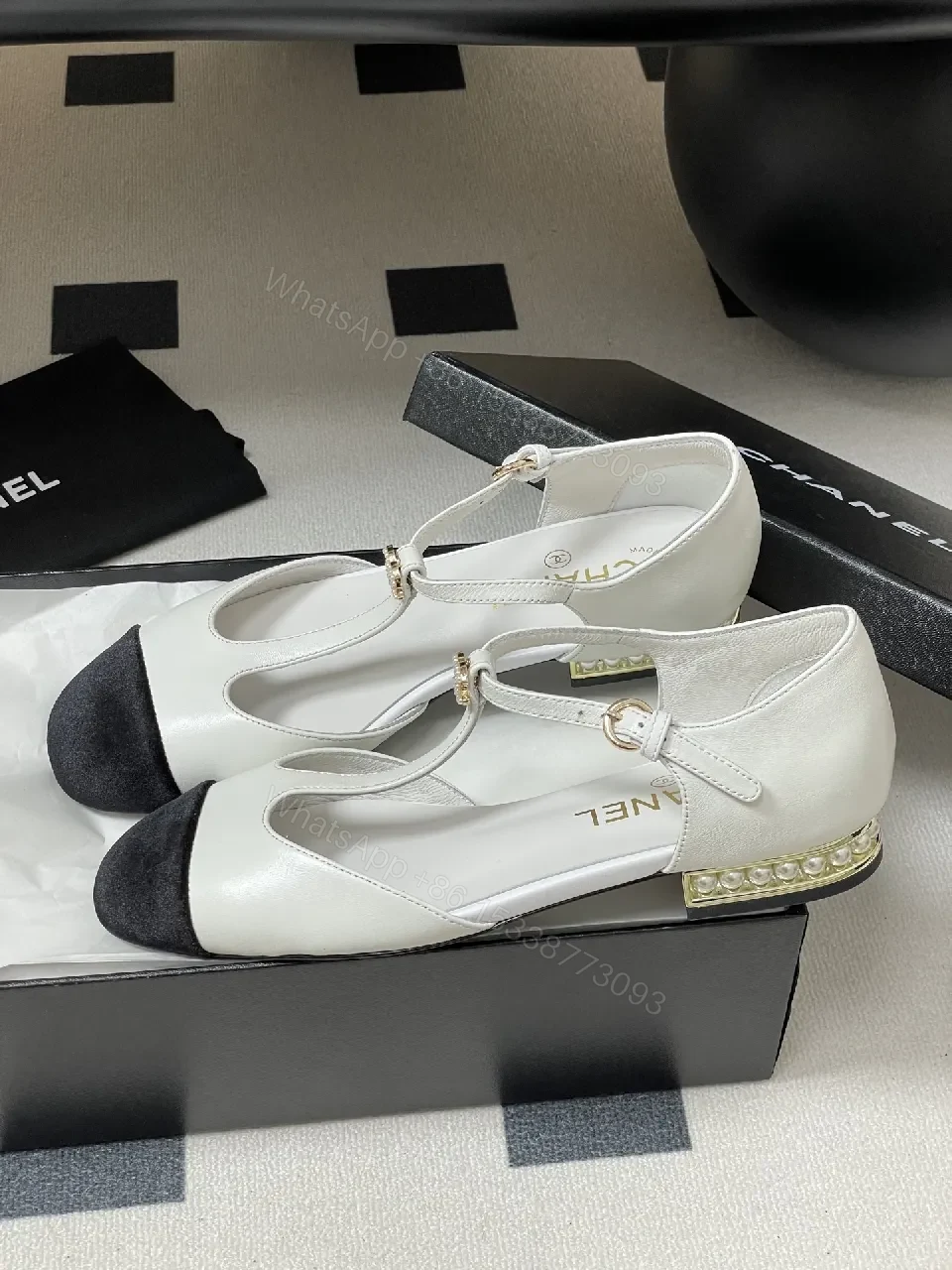 View 9 of White & Black T-Strap Pumps with Pearl Buckle – Luxe Two-Tone Heels