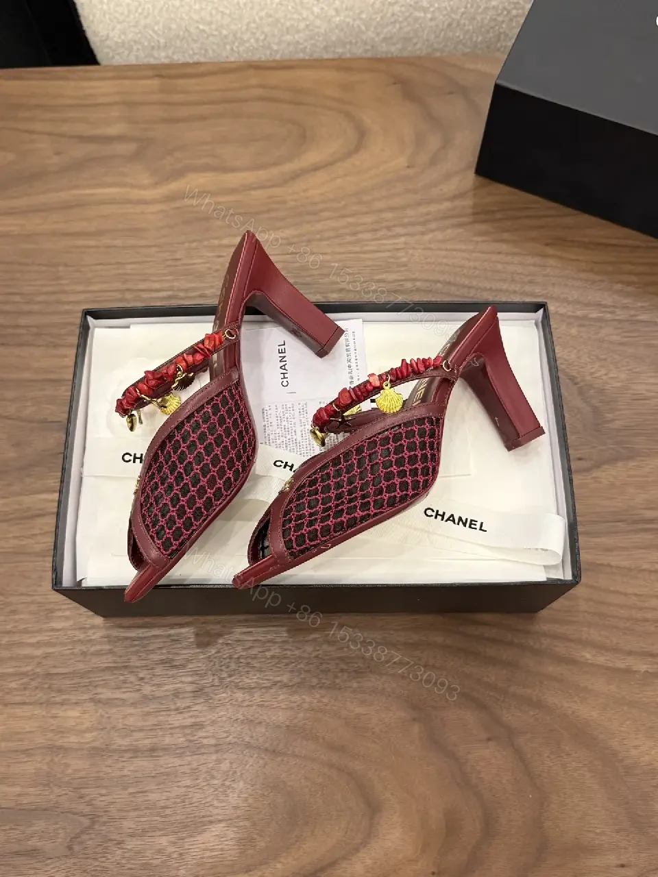 View 2 of Pink Leather Mesh Heeled Mules with Embellished Strap Product Type: Heels