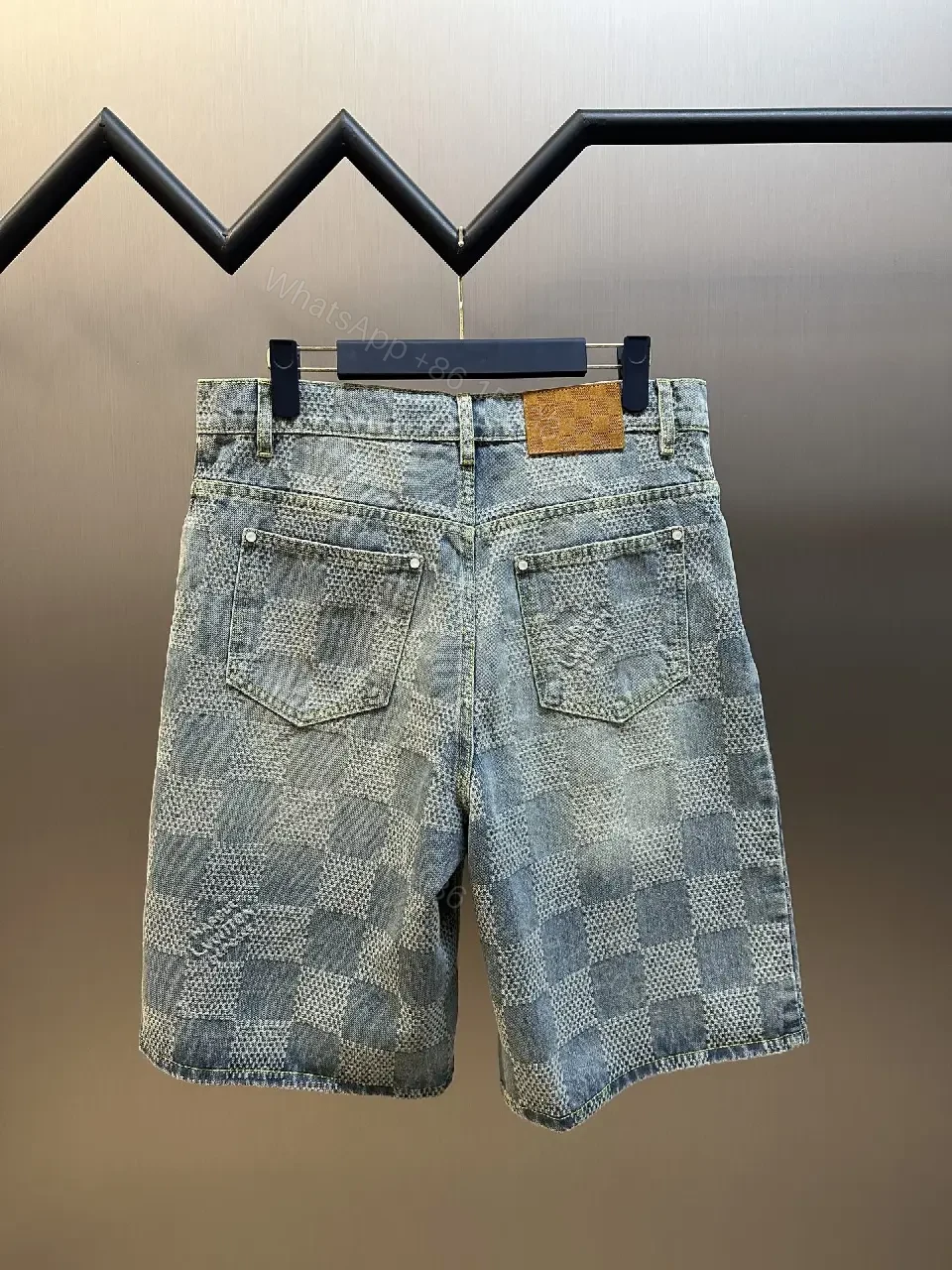View 6 of Gray Denim Checkerboard Shorts Tailored Slim Style Louis Vuitton Tag