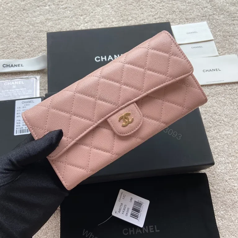View 5 of Soft Pink Quilted Wallet with Gold Chanel Logo