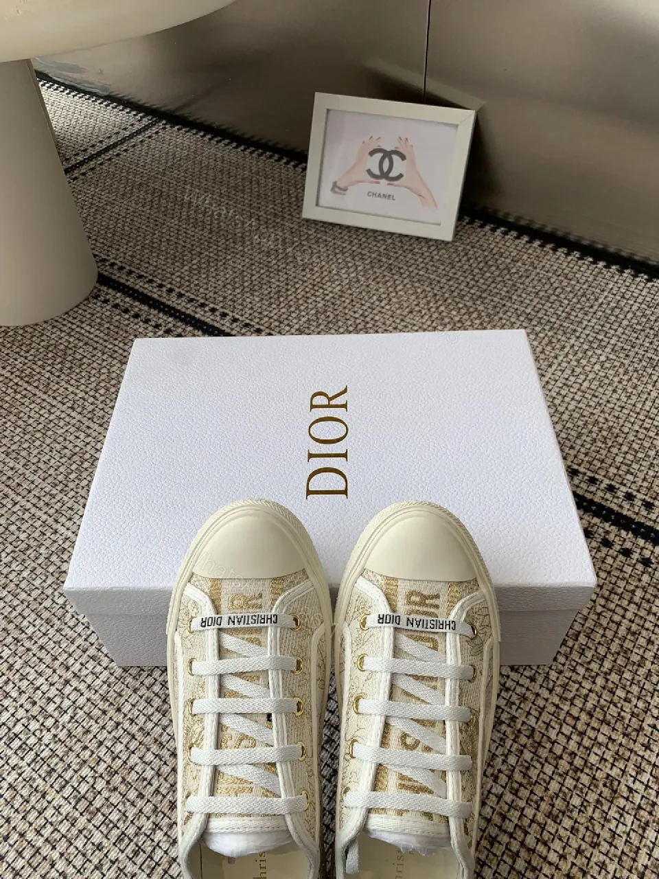 View 4 of Cream Canvas Low-Top Sneakers with Monogram Texture