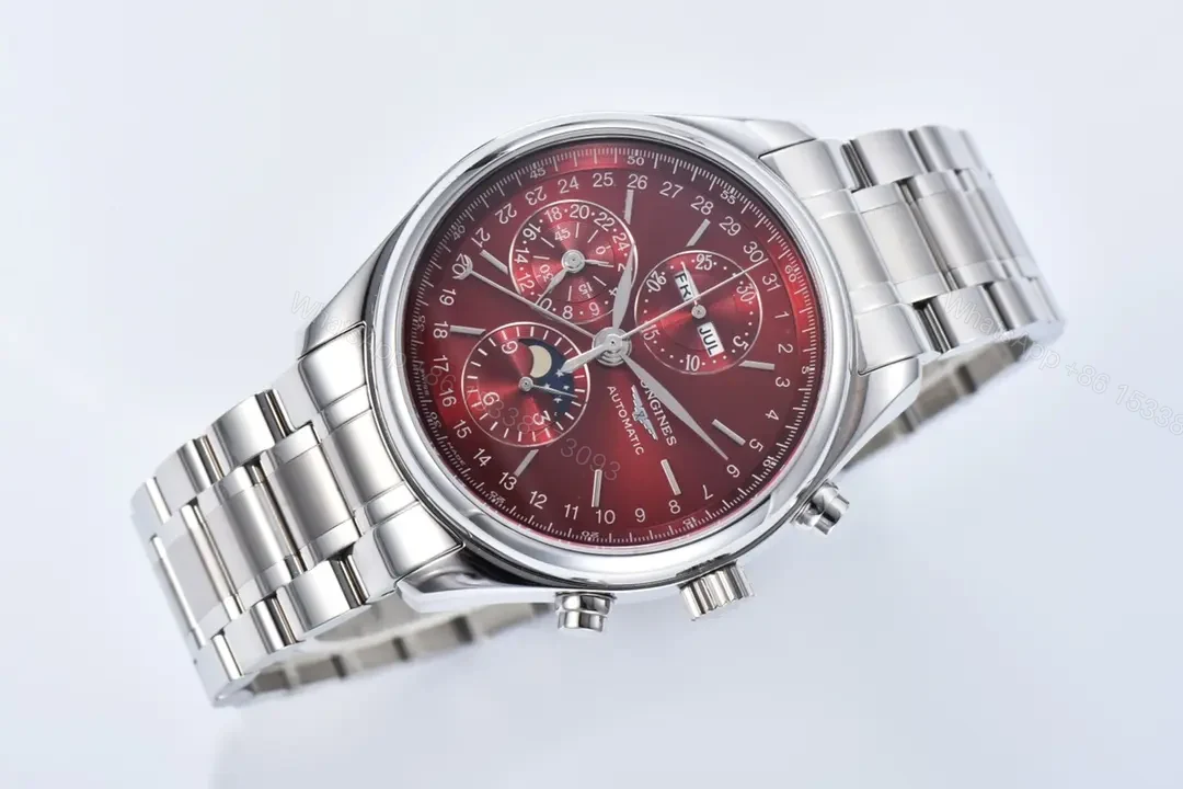 View 3 of Longines Master Collection Moonphase Chronograph Watch Red Dial Stainless Steel Bracelet 42mm Case