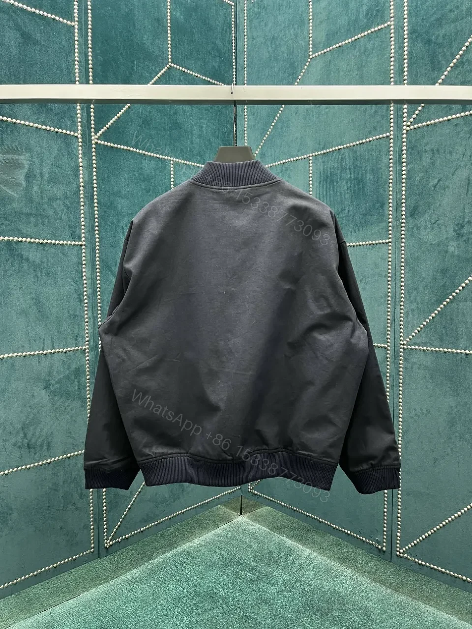 View 6 of Black Embroidered Satin-Texture Varsity Jacket, Luxe Streetwear