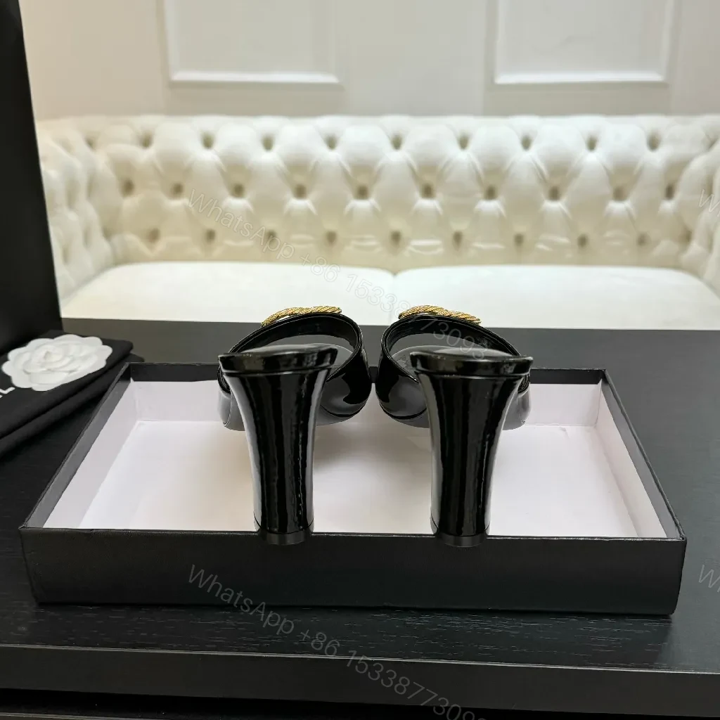 View 4 of Black Patent Mule with Gold Logo Accent – Open-Toe, Block-Heel, Luxury Style