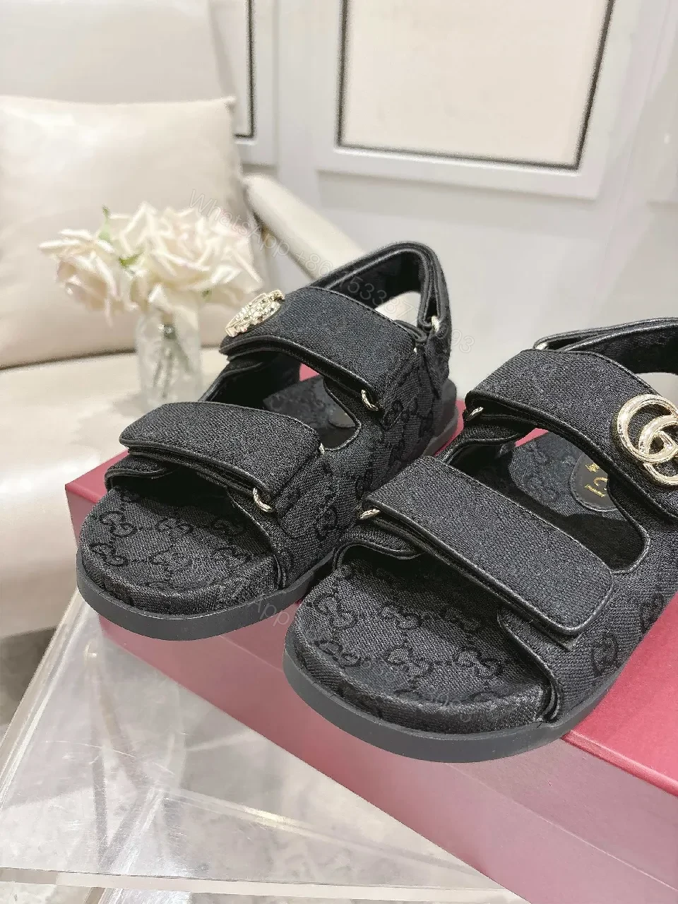 View 5 of Black Textile Sandals with Gold Hardware, Contempo Comfort