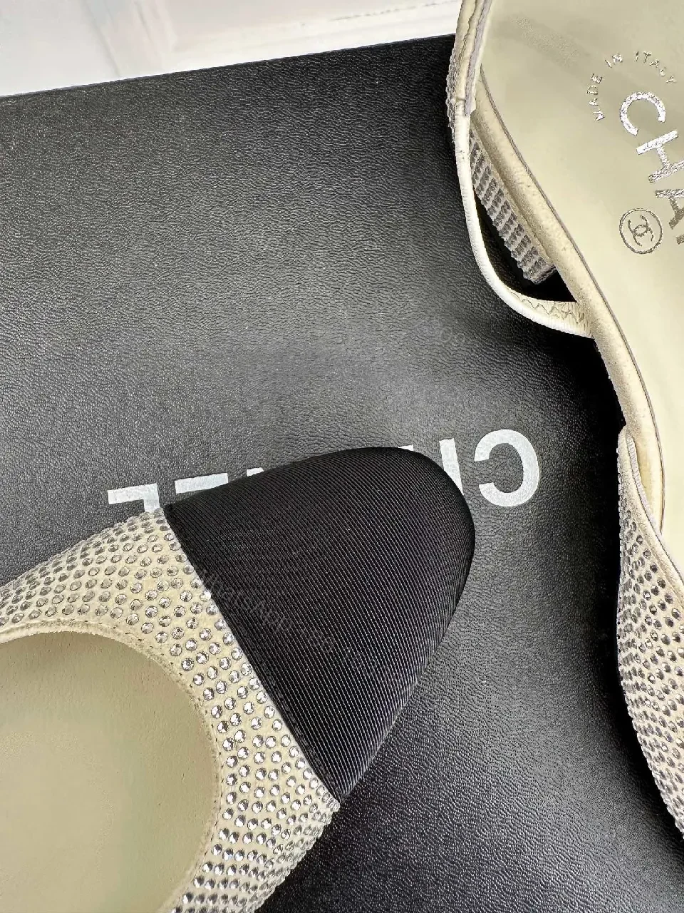View 6 of Two-Tone Crystal Flats: Elegant Open-Back Sling Shoes