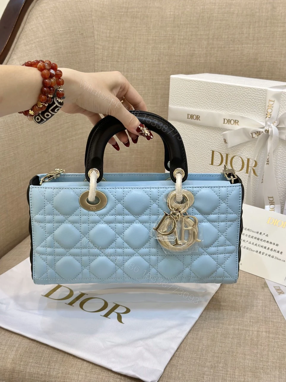 View 8 of Dior D-Joy Women’s Handbag, Ice Blue Cowhide Leather, Like Auth 26cm