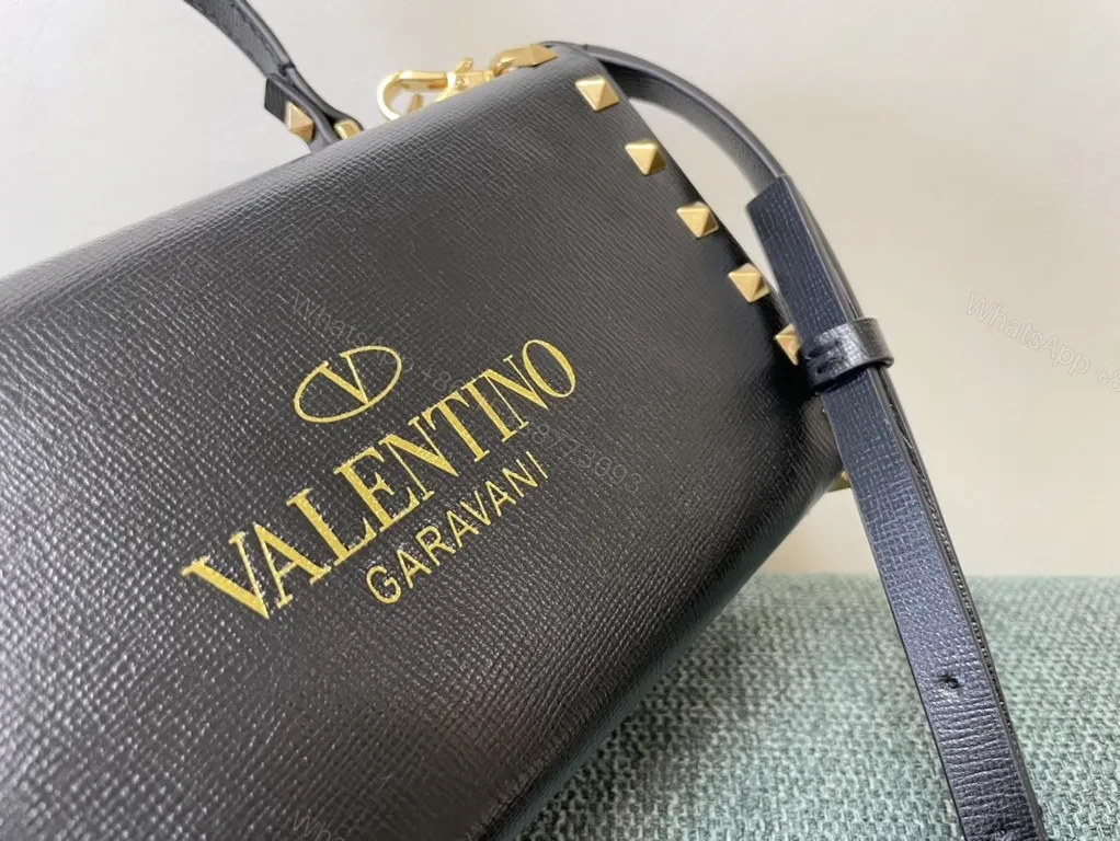 View 4 of Bold Black Leather Handbag with Gold Studs - Valentino Style Bag