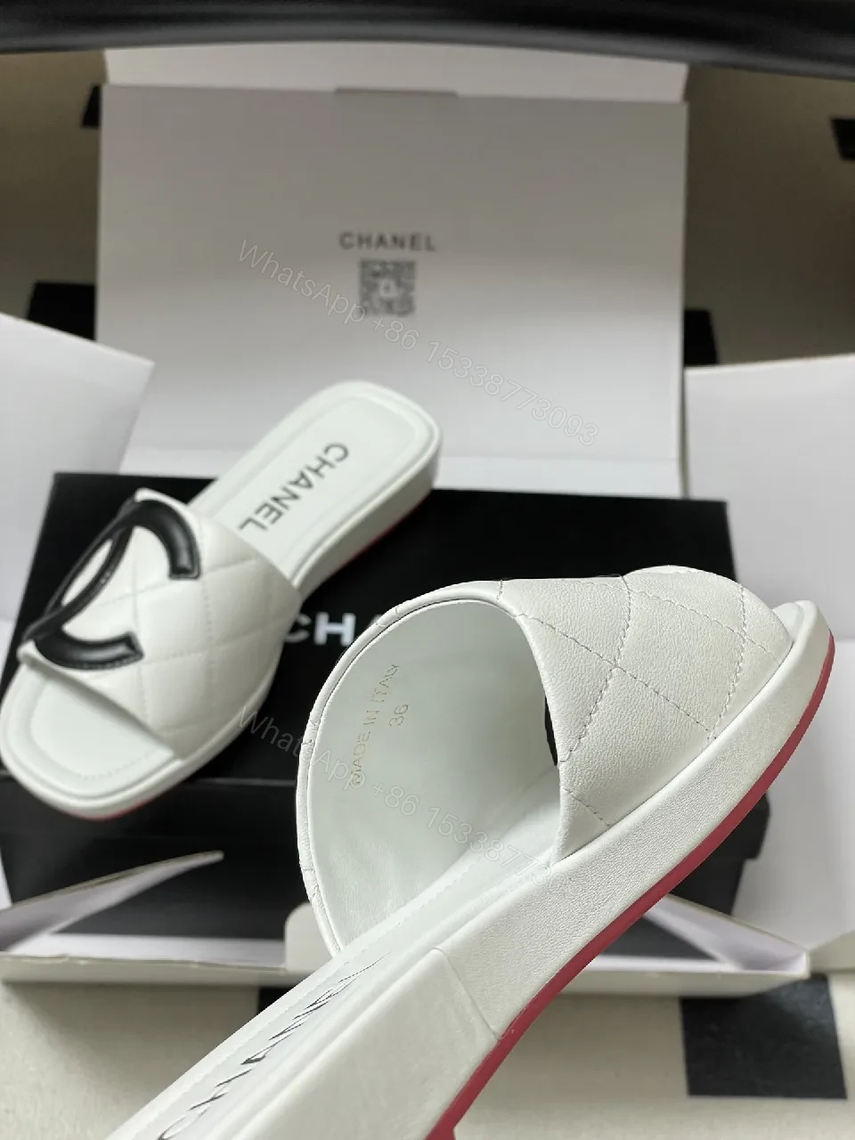 View 4 of White Quilted Leather Slide with Interlocking Logo, Premium Comfort