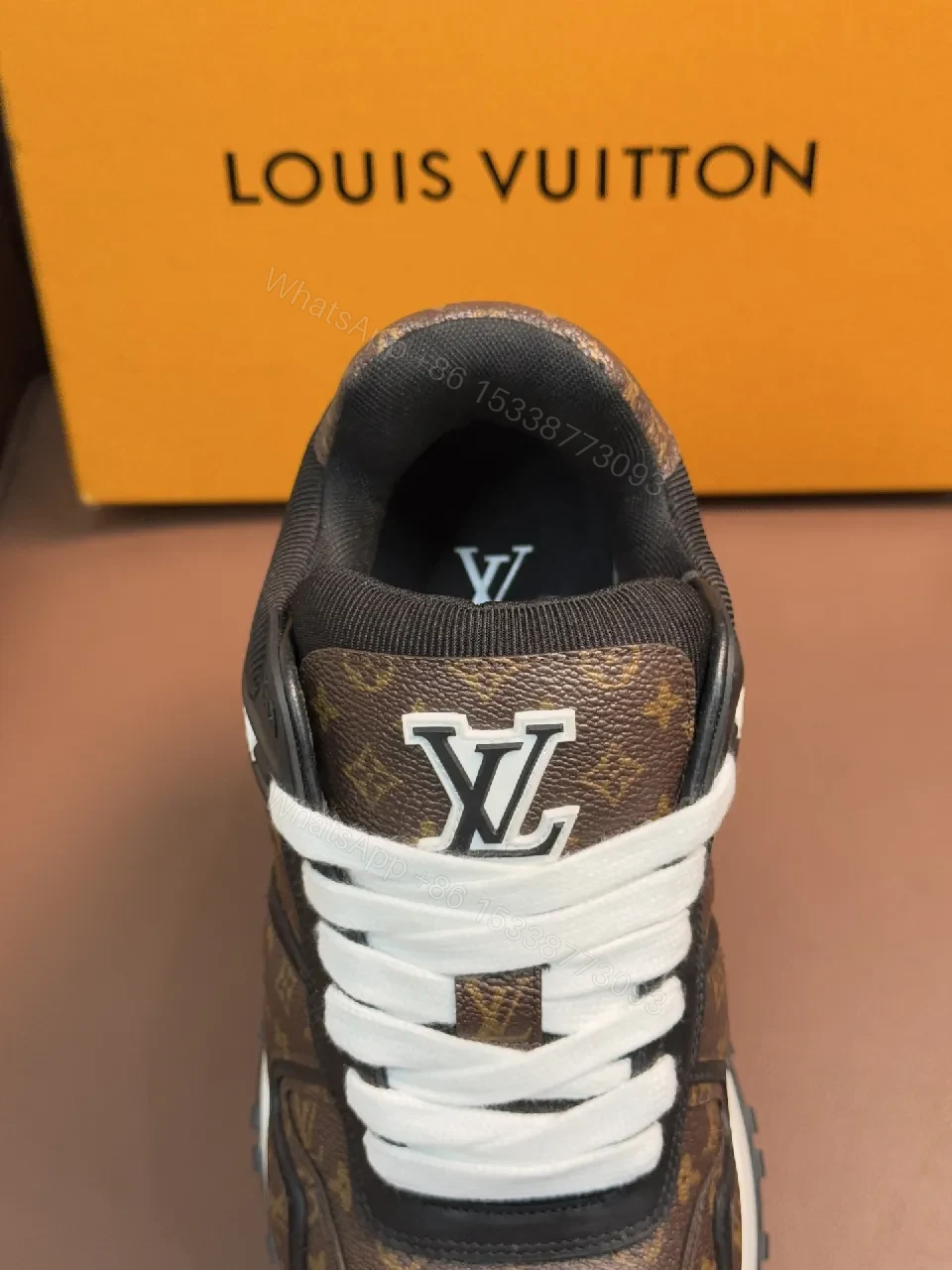 View 5 of Brown Monogram-Texture Sneakers with White Accents, Low-Top Style