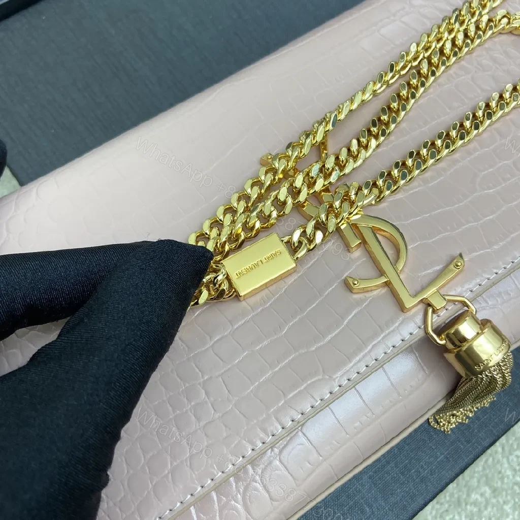View 2 of Soft Pink Croc Leather Clutch with Gold Hardware