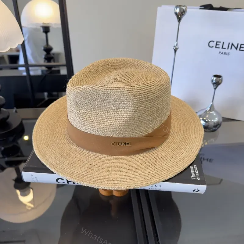 Light Beige Straw Fedora-Boater Hat with Ribbon CHANEL Logo — view 1