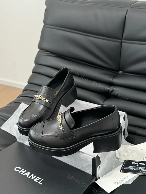 View 7 of Chanel-Inspired Leather Loafers with Gold Chain Detail