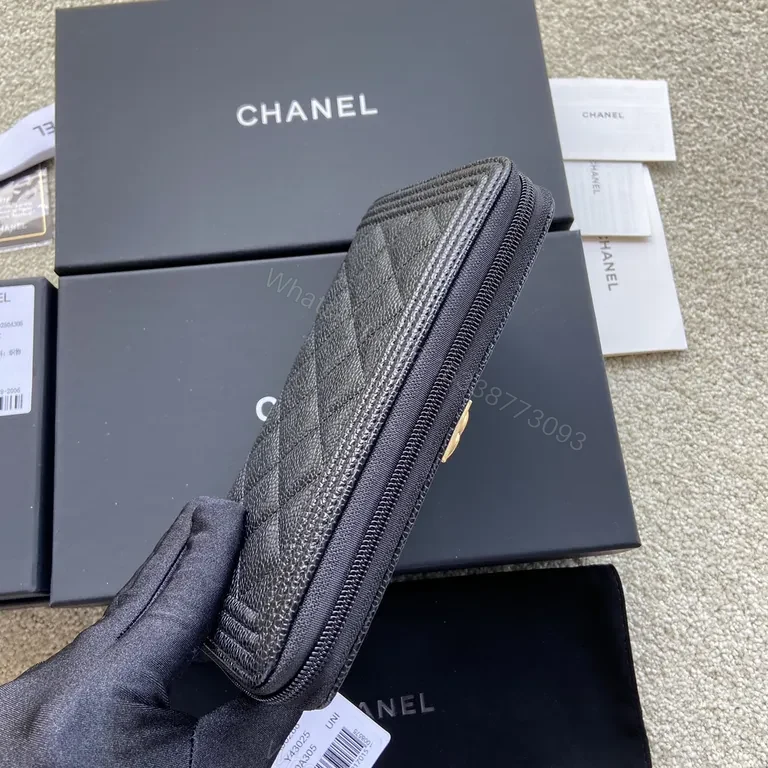 View 3 of Chanel-Inspired Quilted Leather Wallet with Gold Logo