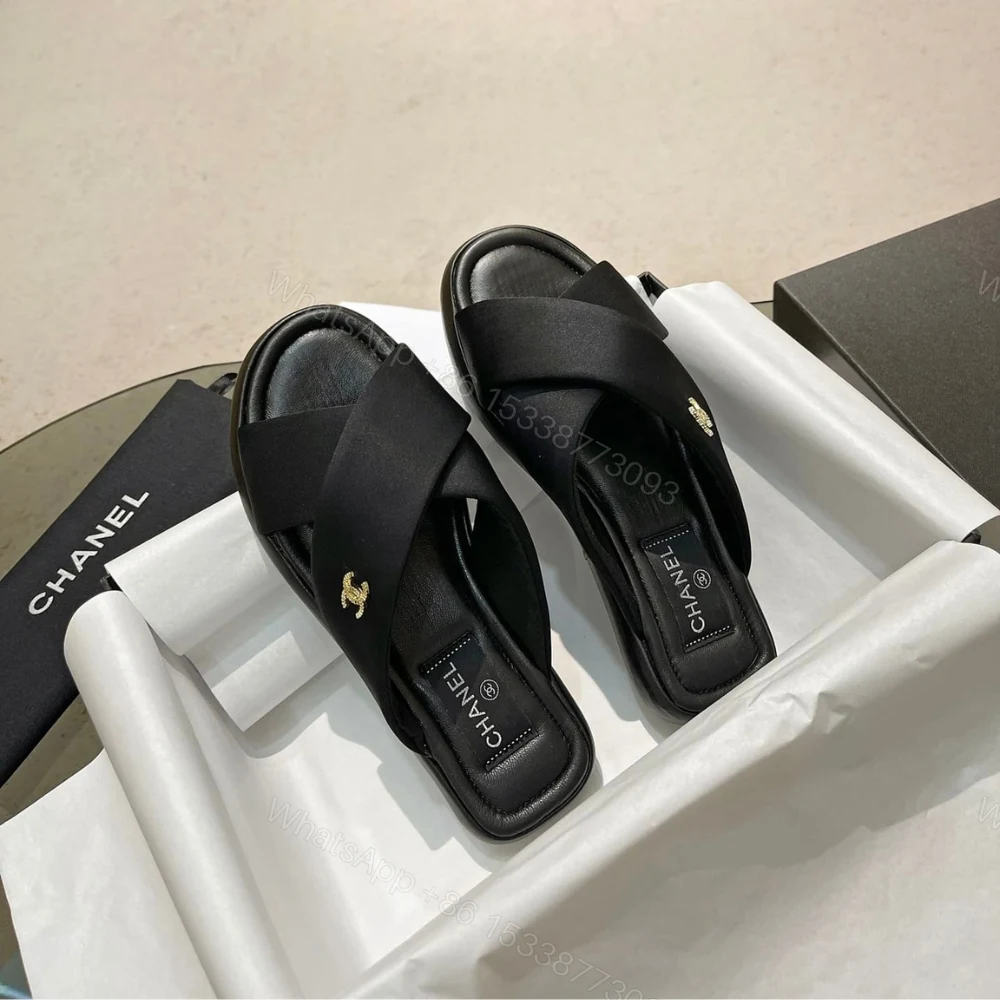 View 3 of Chanel CC Logo Criss Cross Slides Black