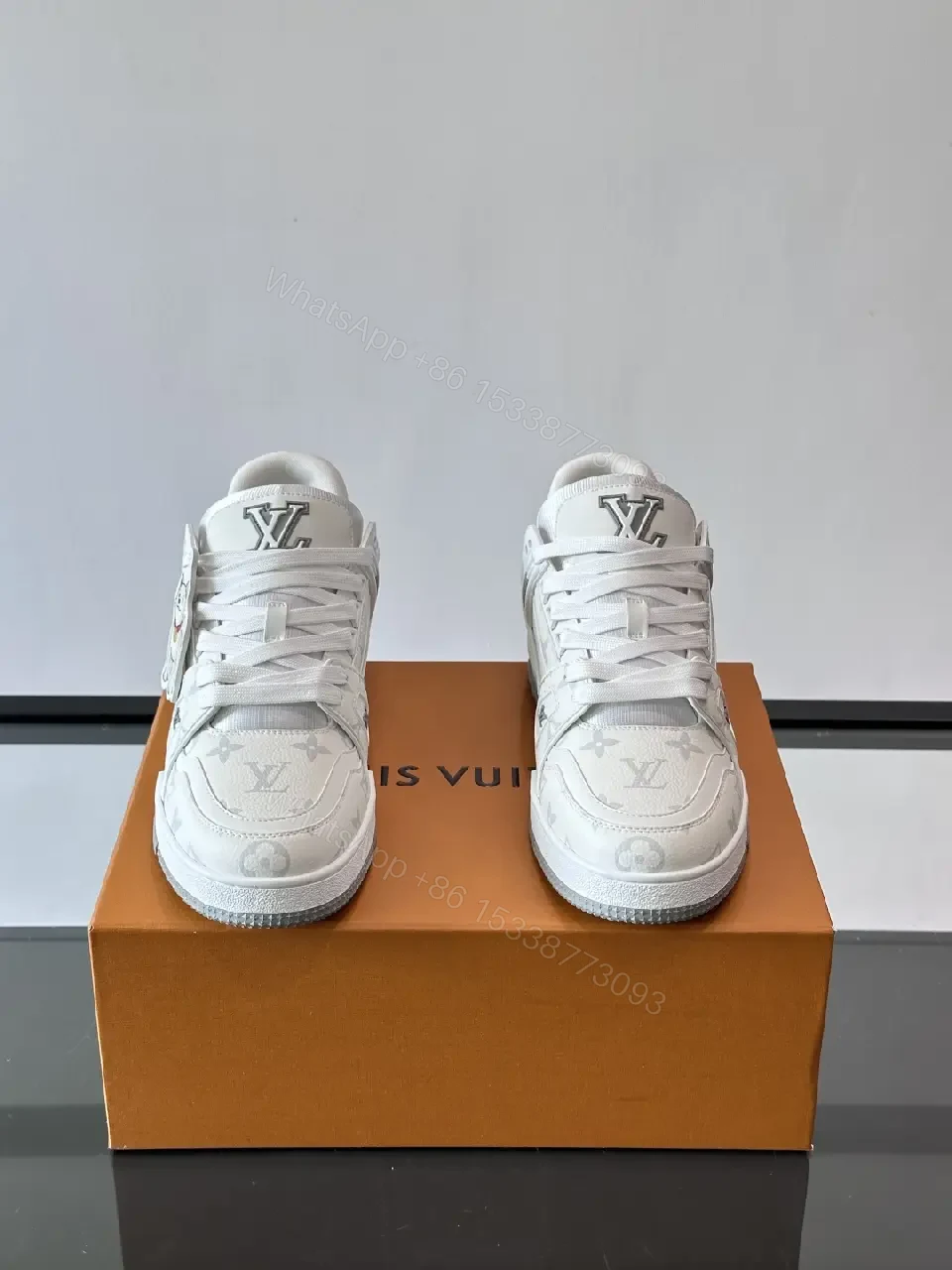 View 7 of White Leather High-Top Sneakers: Luxe Comfort, Monogram Pattern