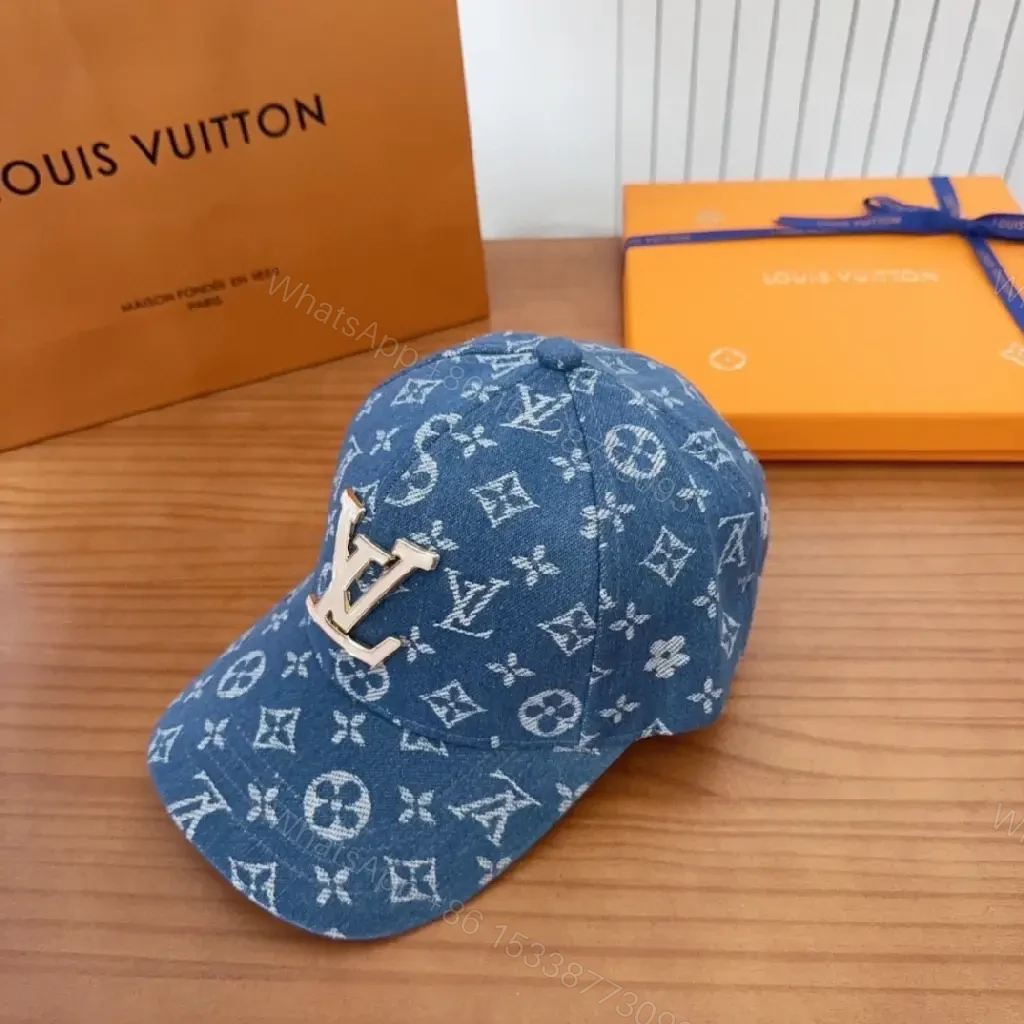 Indigo Denim Cap with Gold LV Crest Monogram, Curved Visor — view 1