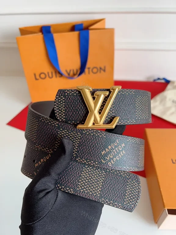 View 8 of Chic Damier-Texture Belt with LV Buckle, Luxury Leather
