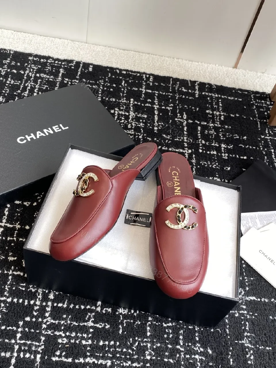 View 5 of Red Leather Mule, Gold Chain, Slip-On Chic, All-Day Comfort, Mule