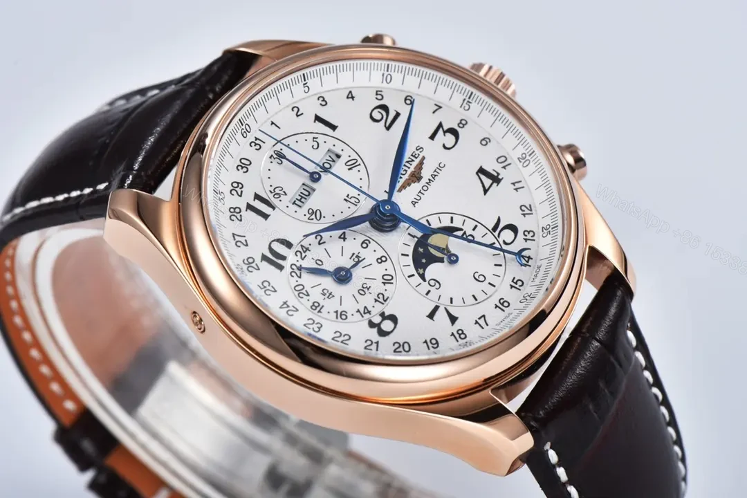 View 4 of Longines Master Collection Moonphase Chronograph Watch Rose Gold with White Dial and Brown Leather Strap