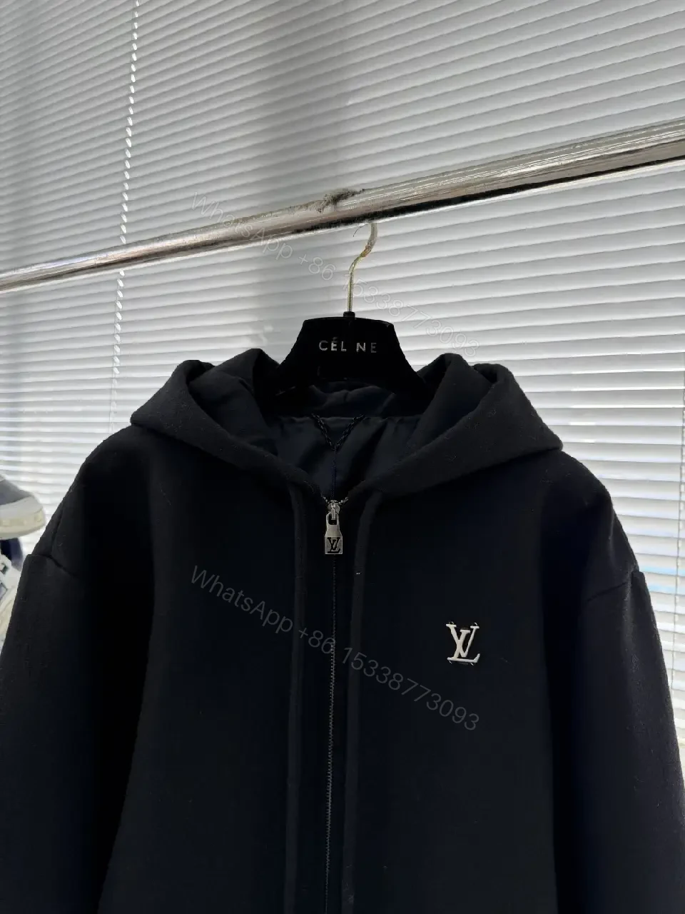 View 6 of Black Cotton-Blend Zip Hoodie: Luxe Monogram-Inspired Detail