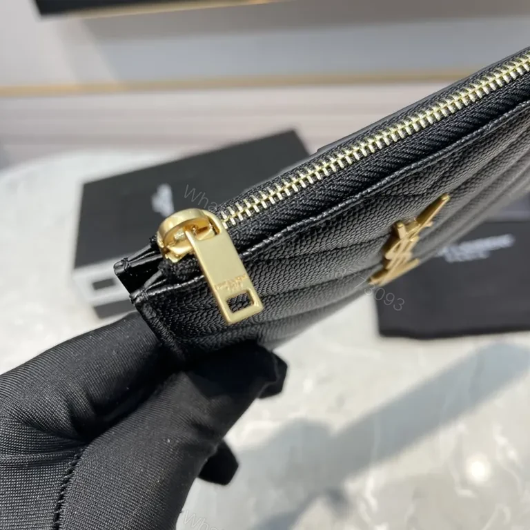View 4 of Quilted Black Calfskin Wallet - Gold YSL Logo, Slim Profile