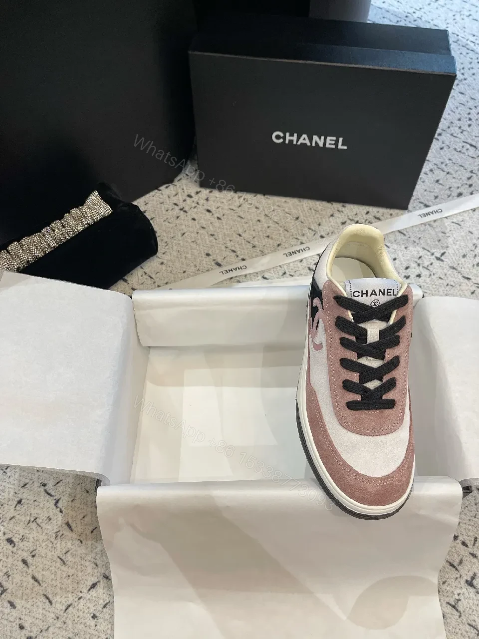 View 9 of Soft Pink Suede & Leather Luxury Sneaker – Mixed Textures, Low-Profile Comfort