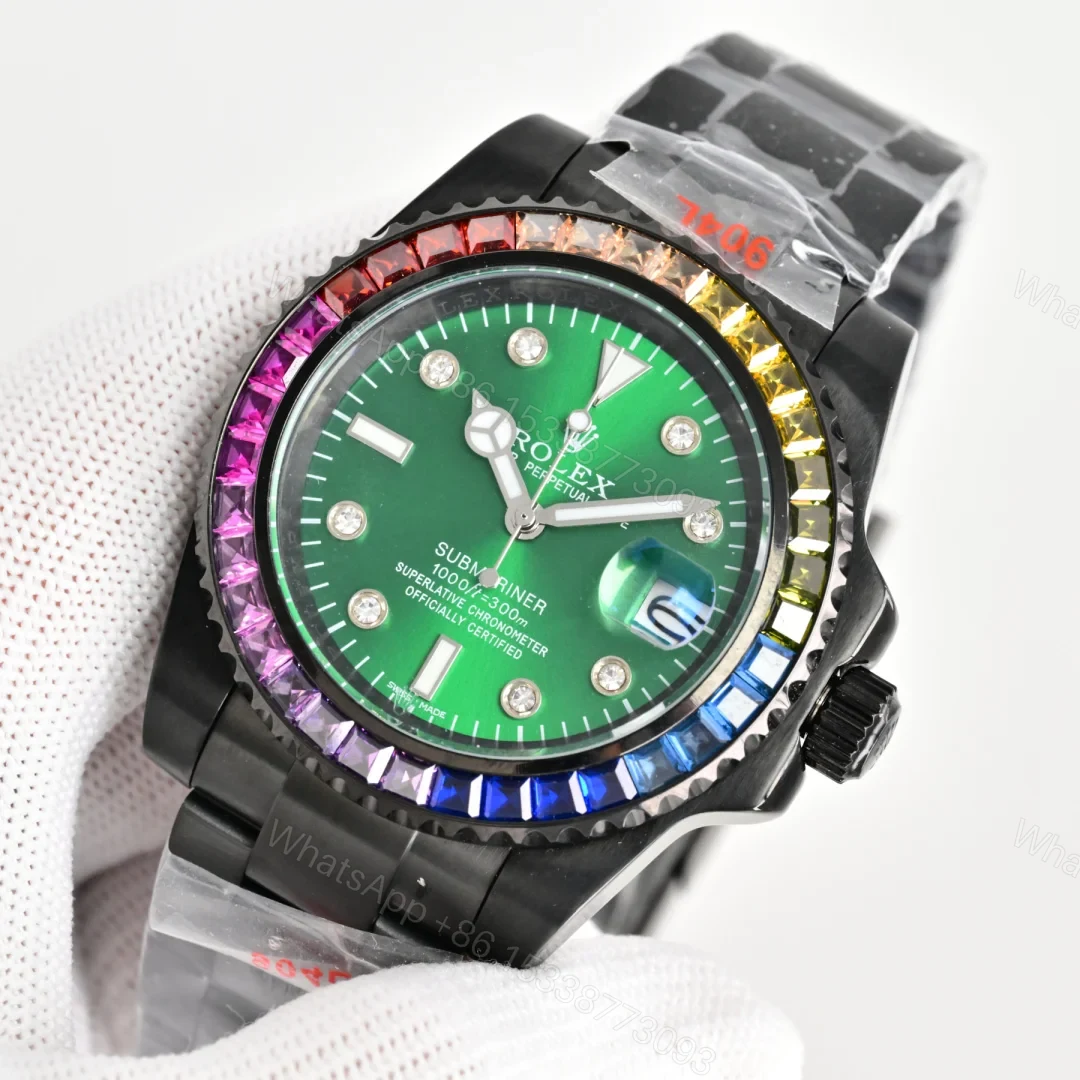 View 8 of Rolex Submariner Rainbow Bezel Replica 40MM Exclusive Green Dial Black Oyster Bracelet RG-ROLEX-SUB-RAINBOW-GREEN-40